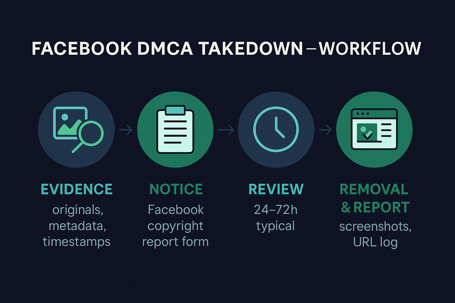 Facebook report review timeline, from evidence and notice through a 24 to 72 hour review to removal